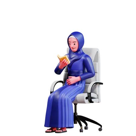 Femme musulmane assise sur une chaise en lisant le Coran  3D Illustration