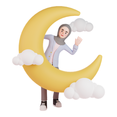 Femme musulmane debout à côté du croissant de lune pour accueillir le ramadan  3D Illustration