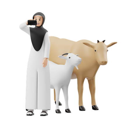 Une femme musulmane prend un selfie devant un animal sacrifié  3D Illustration