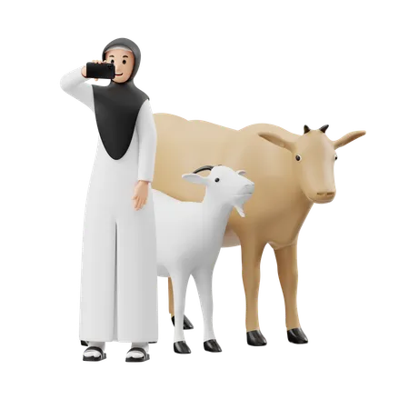 Une femme musulmane prend un selfie devant un animal sacrifié  3D Illustration