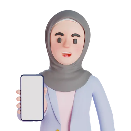 Une femme musulmane montre un écran de smartphone vierge  3D Illustration