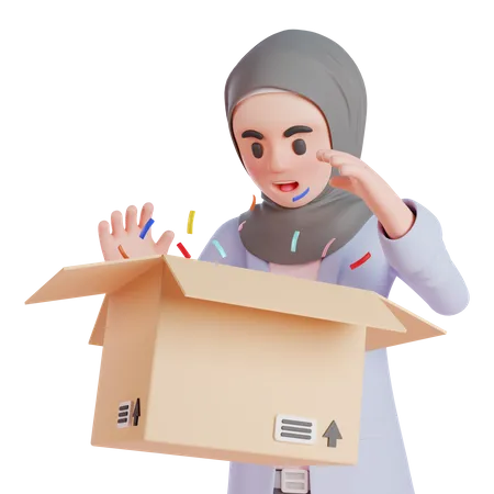 Une femme musulmane surprise en ouvrant une boîte  3D Illustration