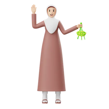 Femme musulmane tenant Ketupat  3D Illustration