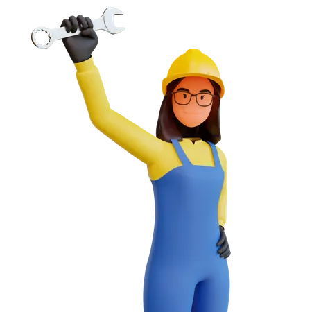 Femme ouvrier du bâtiment tenant une clé  3D Illustration