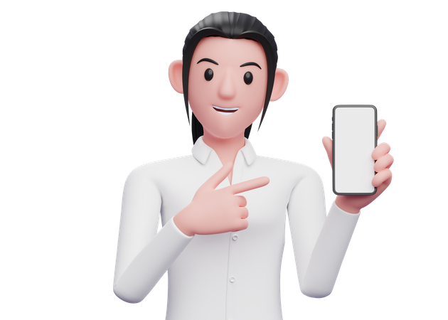 Femme pointant le doigt sur un écran mobile vierge  3D Icon