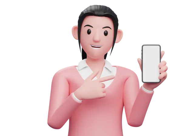 Femme pointant le doigt sur un écran mobile vierge  3D Illustration