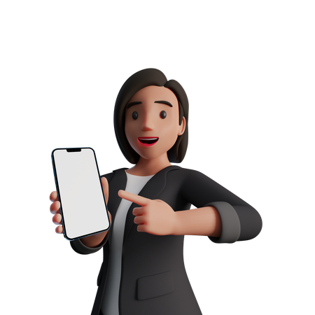 Femme pointant vers un écran de smartphone vide  3D Illustration