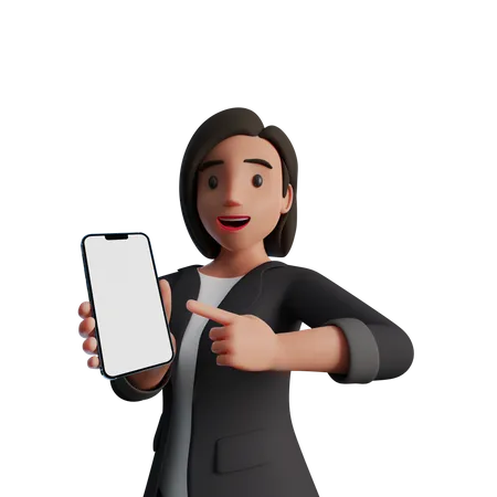 Femme pointant vers un écran de smartphone vide  3D Illustration