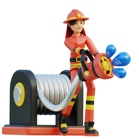 Une pompière apporte un tuyau de buse  3D Illustration