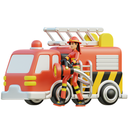Pompier féminin avec voiture  3D Illustration