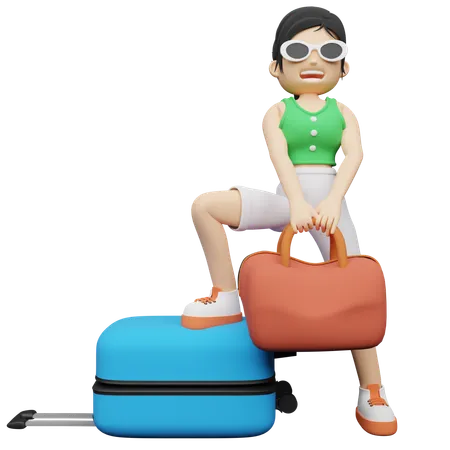 Femme portant un bagage de voyage  3D Illustration