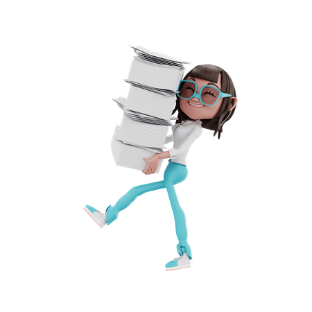 Une femme transporte beaucoup de fichiers  3D Illustration