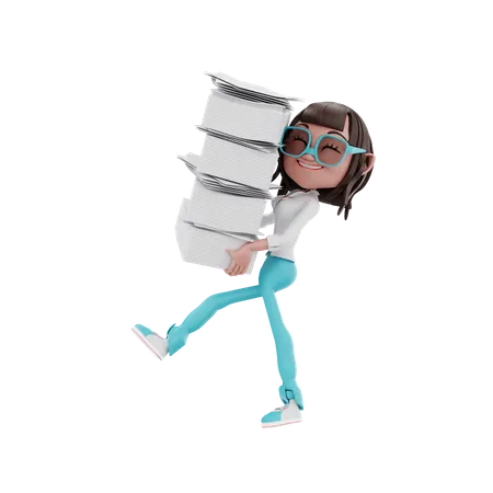 Une femme transporte beaucoup de fichiers  3D Illustration