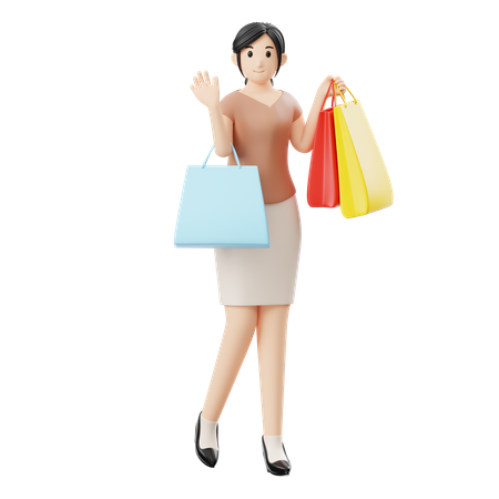 Femme posant avec des sacs de courses  3D Illustration