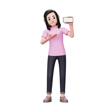 Femme présentant quelque chose sur l'écran du téléphone  3D Illustration