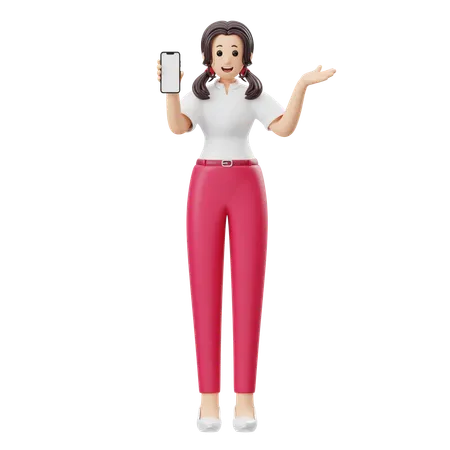 Femme faisant la publicité d'un produit de téléphonie mobile  3D Illustration