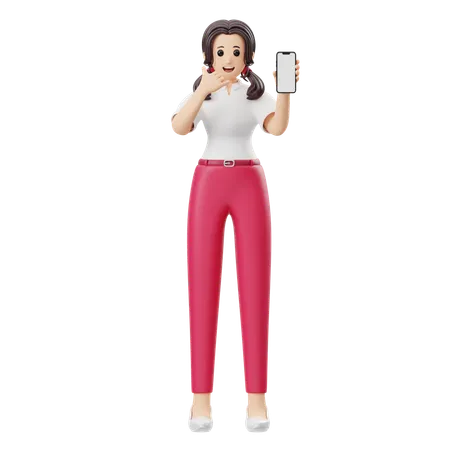 Femme faisant la publicité d'un produit de téléphonie mobile  3D Illustration