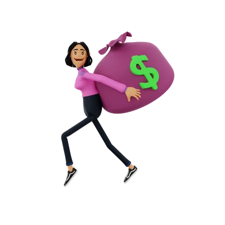 Femme qui court avec un sac d'argent  3D Illustration