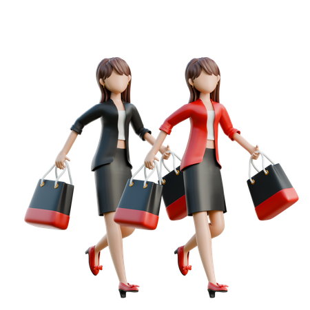 Une femme fait du shopping avec des amis  3D Illustration