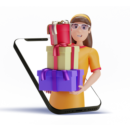 Femme recevant des cadeaux en ligne  3D Illustration