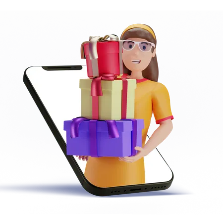 Femme recevant des cadeaux en ligne  3D Illustration