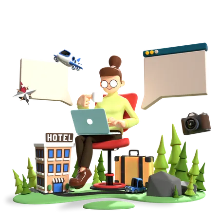 Femme cherchant un hôtel pour les vacances  3D Illustration