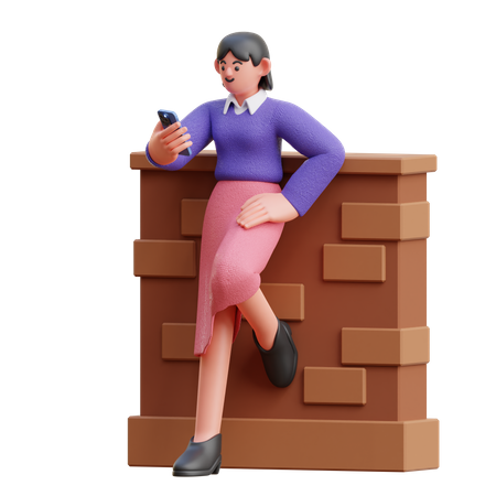 Regard féminin sur un smartphone appuyé contre le mur  3D Illustration