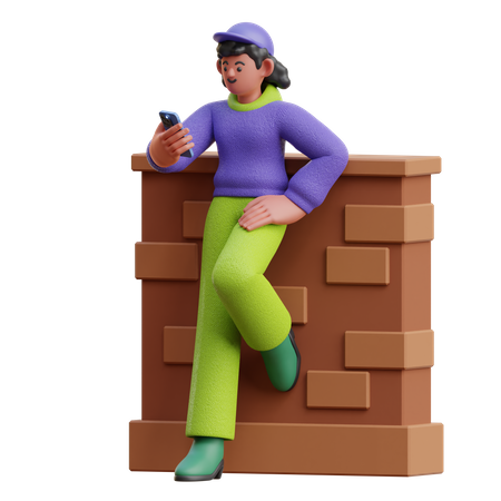 Regard féminin sur un smartphone appuyé contre le mur  3D Illustration