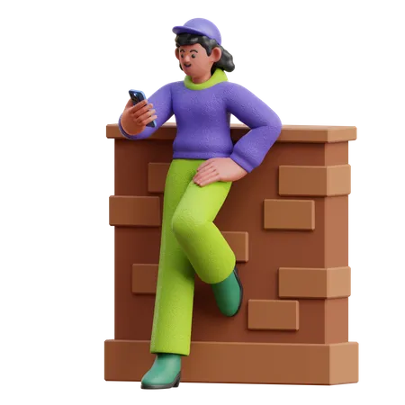 Regard féminin sur un smartphone appuyé contre le mur  3D Illustration