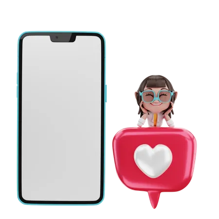 Femme regardant l'amour avec un téléphone portable  3D Illustration