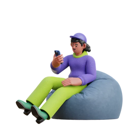 Regard féminin sur un smartphone assis sur un pouf  3D Illustration
