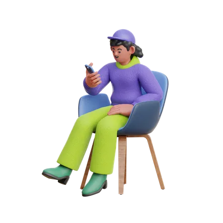 Regard féminin sur un smartphone assis sur une chaise  3D Illustration