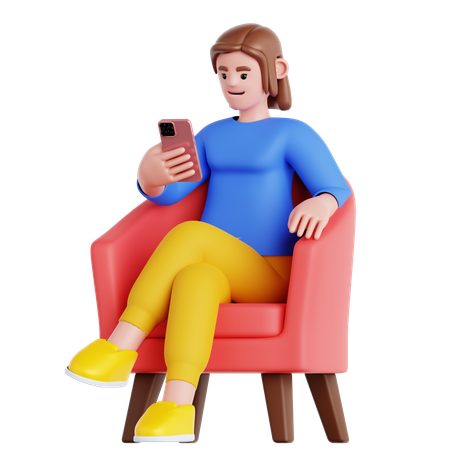 Femme assise sur un canapé regardant son téléphone  3D Illustration