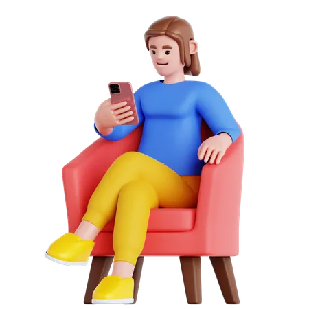 Femme assise sur un canapé regardant son téléphone  3D Illustration