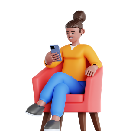 Femme assise sur un canapé regardant son téléphone  3D Illustration