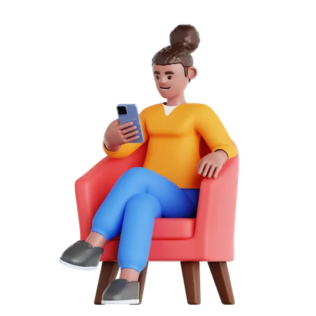 Femme assise sur un canapé regardant son téléphone  3D Illustration