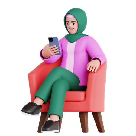 Femme assise sur un canapé regardant son téléphone  3D Illustration