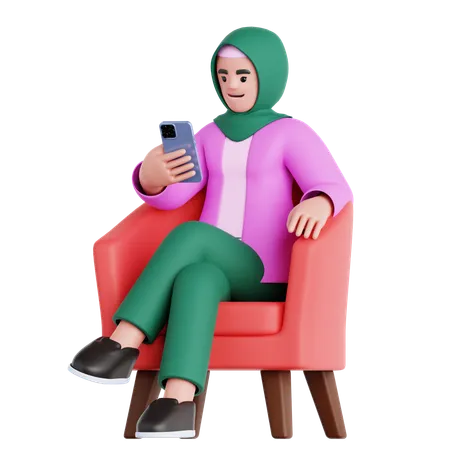 Femme assise sur un canapé regardant son téléphone  3D Illustration