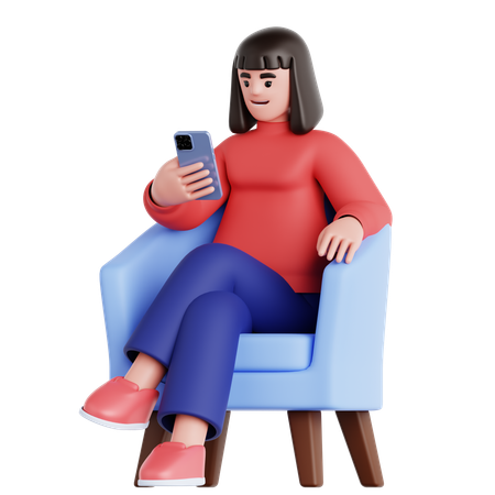 Femme assise sur un canapé regardant son téléphone  3D Illustration