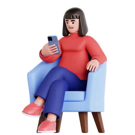 Femme assise sur un canapé regardant son téléphone  3D Illustration