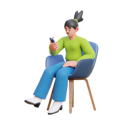 Une femme regarde un smartphone assis sur une chaise  3D Illustration