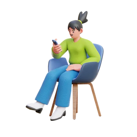 Une femme regarde un smartphone assis sur une chaise  3D Illustration