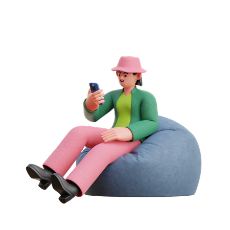 Une femme regarde un smartphone assis sur un pouf  3D Illustration