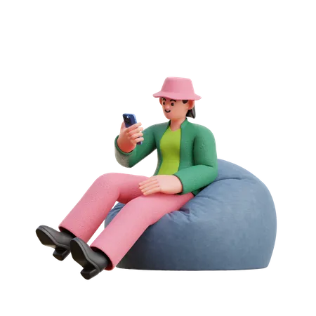 Une femme regarde un smartphone assis sur un pouf  3D Illustration