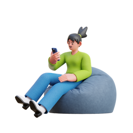 Une femme regarde un smartphone assis sur un pouf  3D Illustration