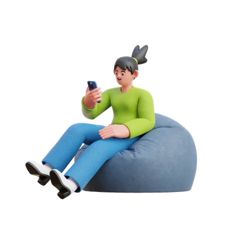 Une femme regarde un smartphone assis sur un pouf  3D Illustration