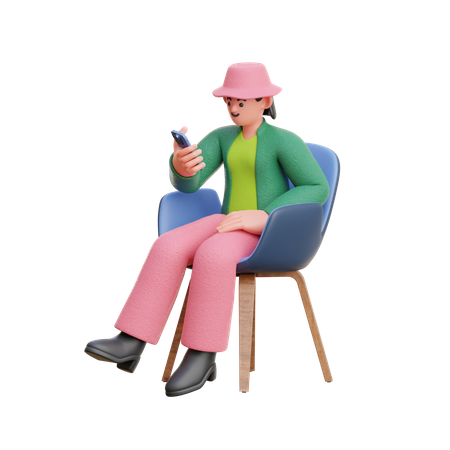 Une femme regarde un smartphone assis sur une chaise  3D Illustration