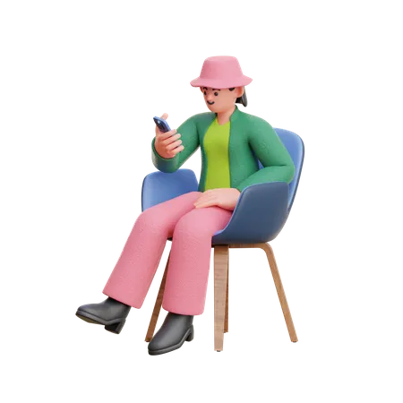 Une femme regarde un smartphone assis sur une chaise  3D Illustration