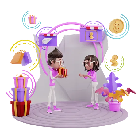 Femme recevant un cadeau d'anniversaire en ligne  3D Illustration