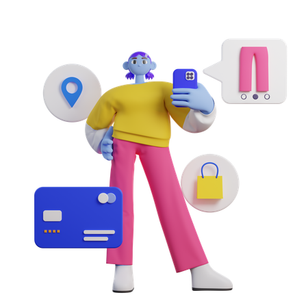 Femme faisant du shopping en ligne et tenant un mobile  3D Illustration